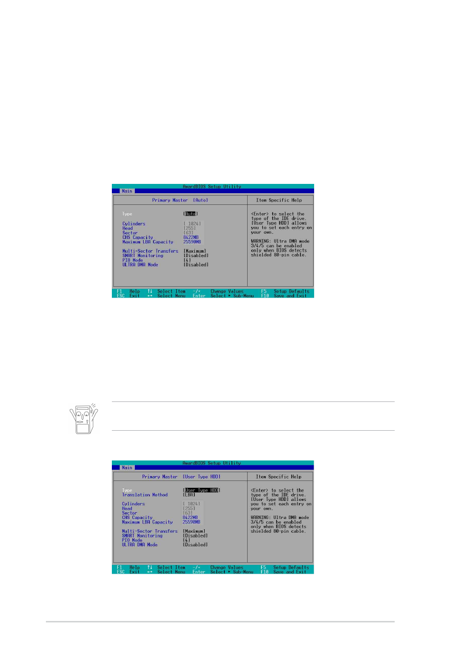 1 primary and secondary master/slave | Asus A7V8X-X User Manual | Page 42 / 64