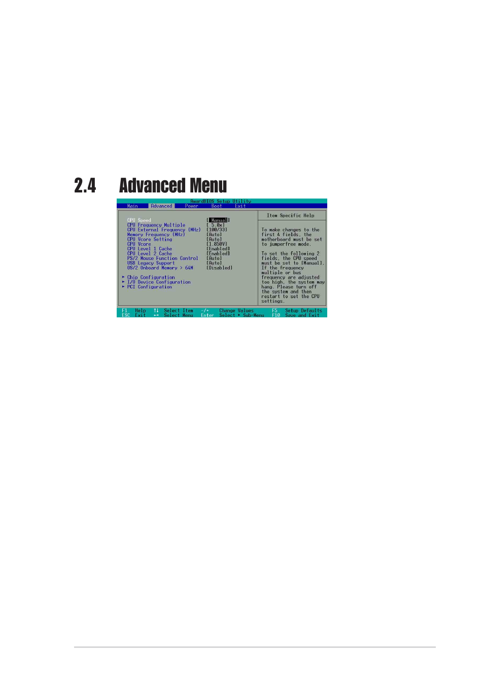 4 advanced menu | Asus A7V8X-X User Manual | Page 45 / 64