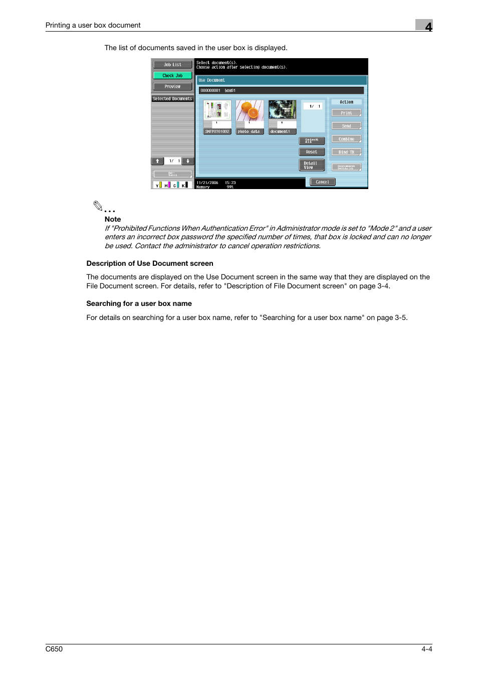 Description of use document screen, Searching for a user box name | Konica Minolta bizhub C650 User Manual | Page 105 / 280