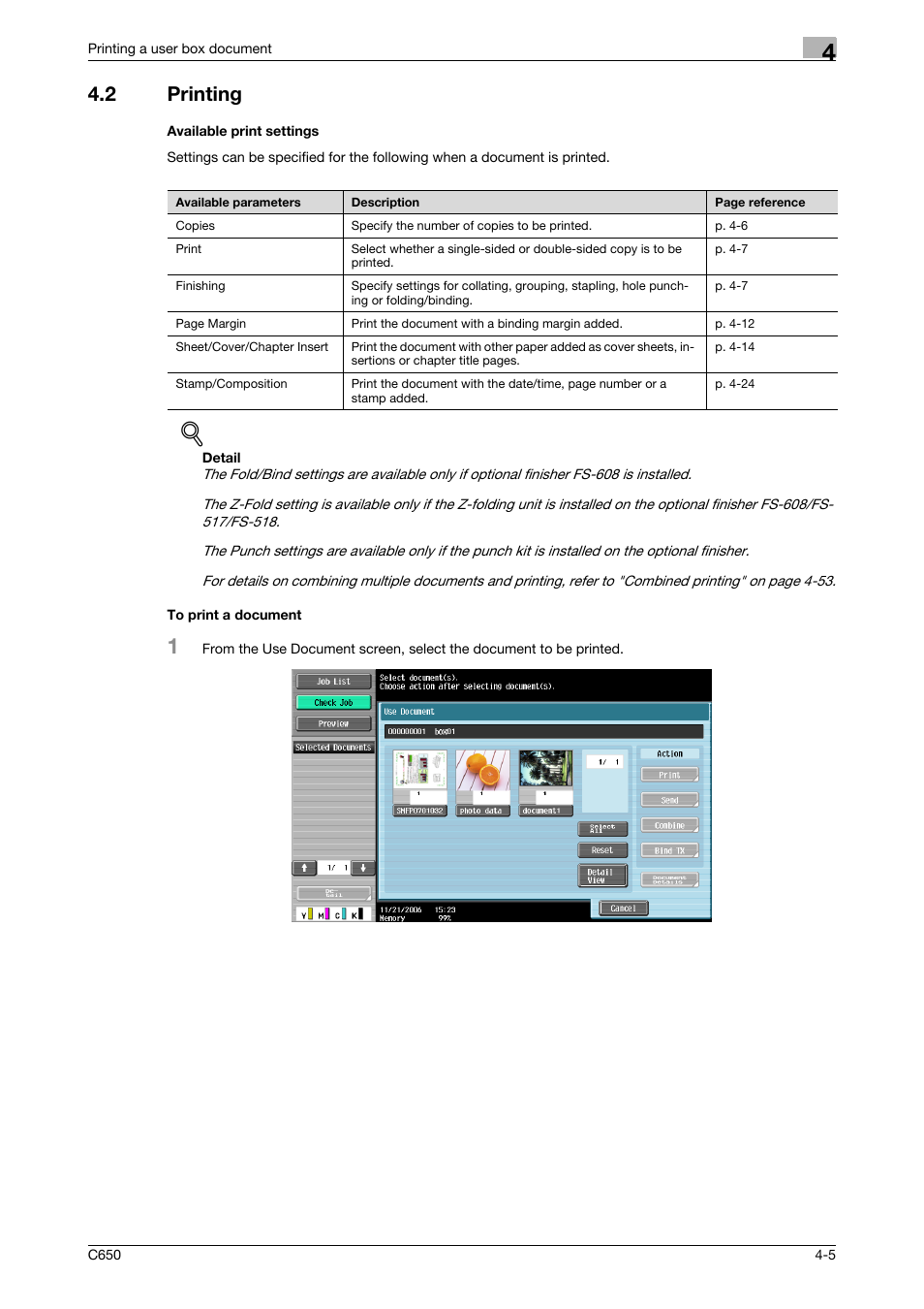 2 printing, Available print settings, To print a document | P. 4-5 | Konica Minolta bizhub C650 User Manual | Page 106 / 280