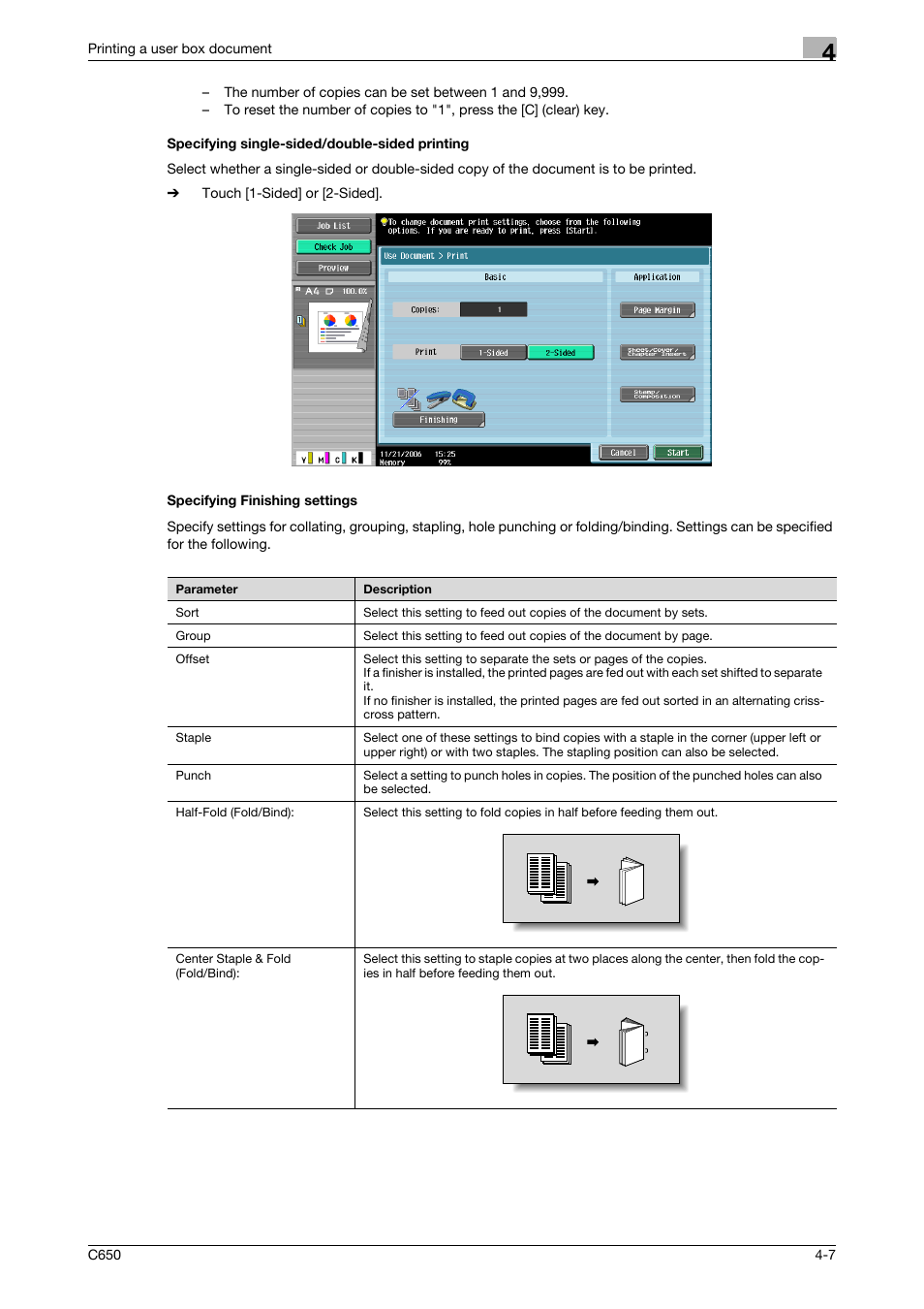 Specifying single-sided/double-sided printing, Specifying finishing settings, P. 4-7 | Konica Minolta bizhub C650 User Manual | Page 108 / 280