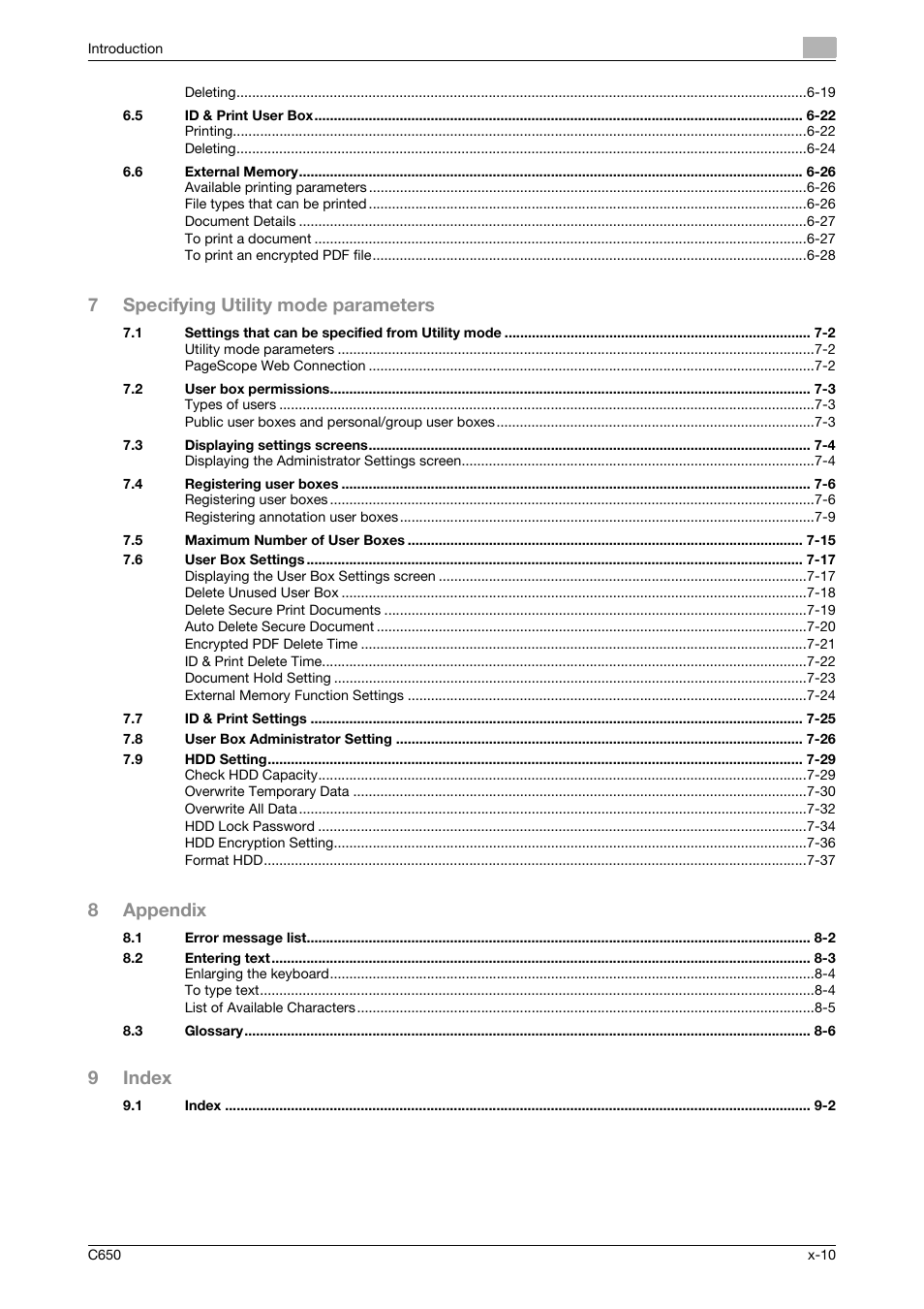 7specifying utility mode parameters, 8appendix, 9index | Konica Minolta bizhub C650 User Manual | Page 11 / 280