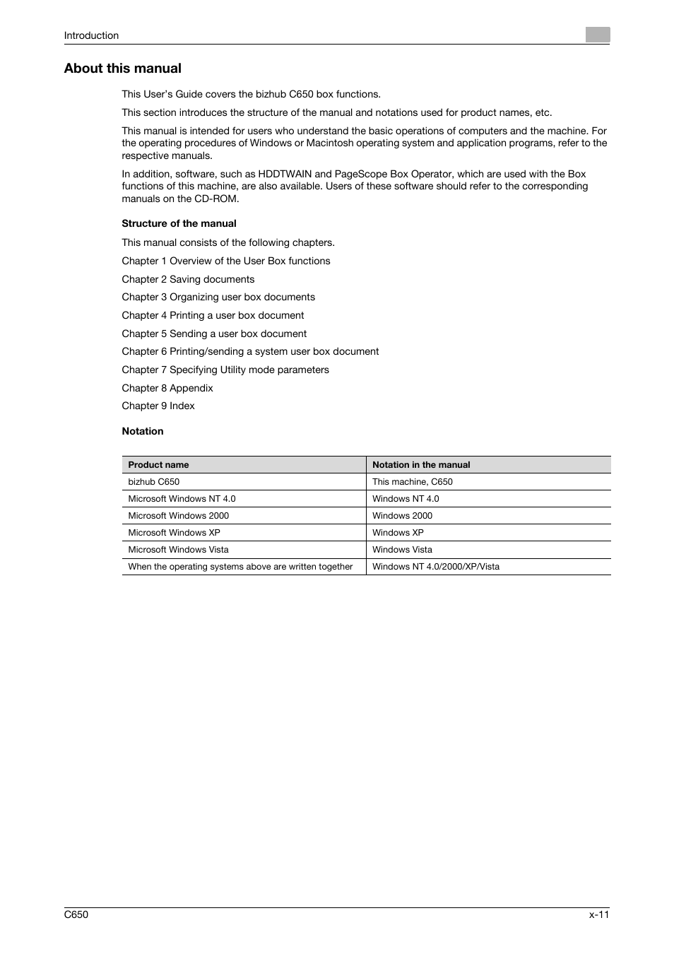 About this manual, Structure of the manual, Notation | Konica Minolta bizhub C650 User Manual | Page 12 / 280