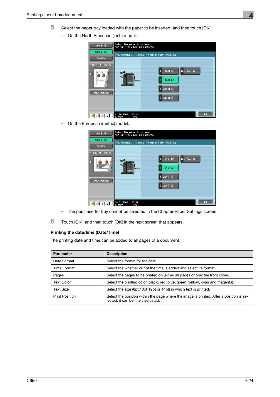 Printing the date/time (date/time), Printing the date/time (date/time) -24, P. 4-24 | Konica Minolta bizhub C650 User Manual | Page 125 / 280