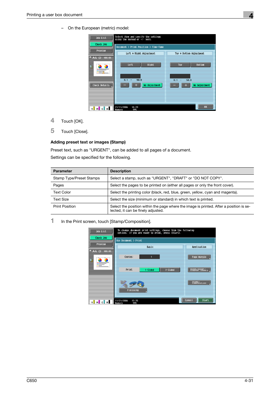 Adding preset text or images (stamp), Adding preset text or images (stamp) -31 | Konica Minolta bizhub C650 User Manual | Page 132 / 280