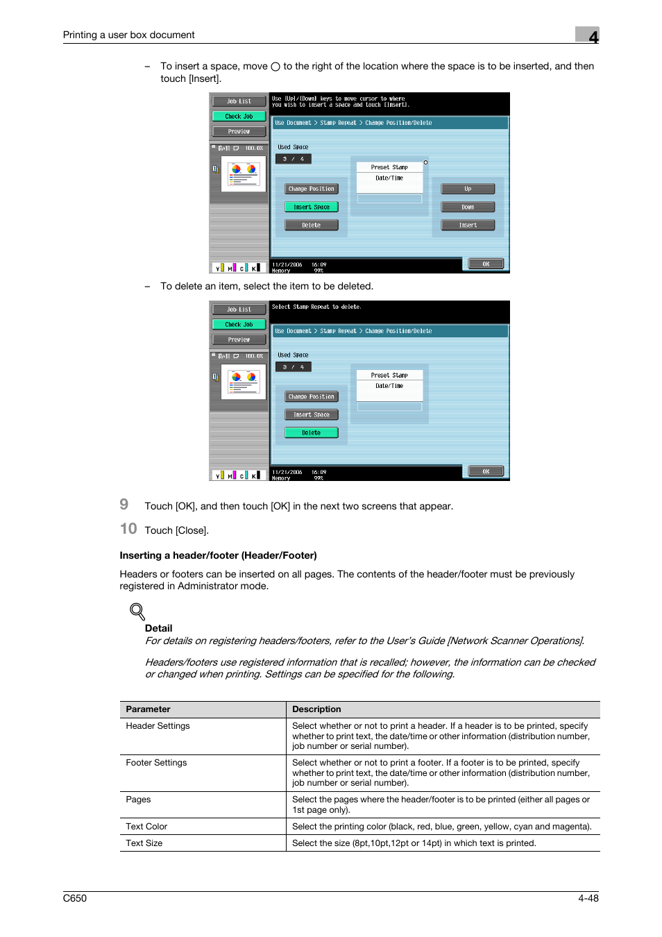 Inserting a header/footer (header/footer), Inserting a header/footer (header/footer) -48 | Konica Minolta bizhub C650 User Manual | Page 149 / 280