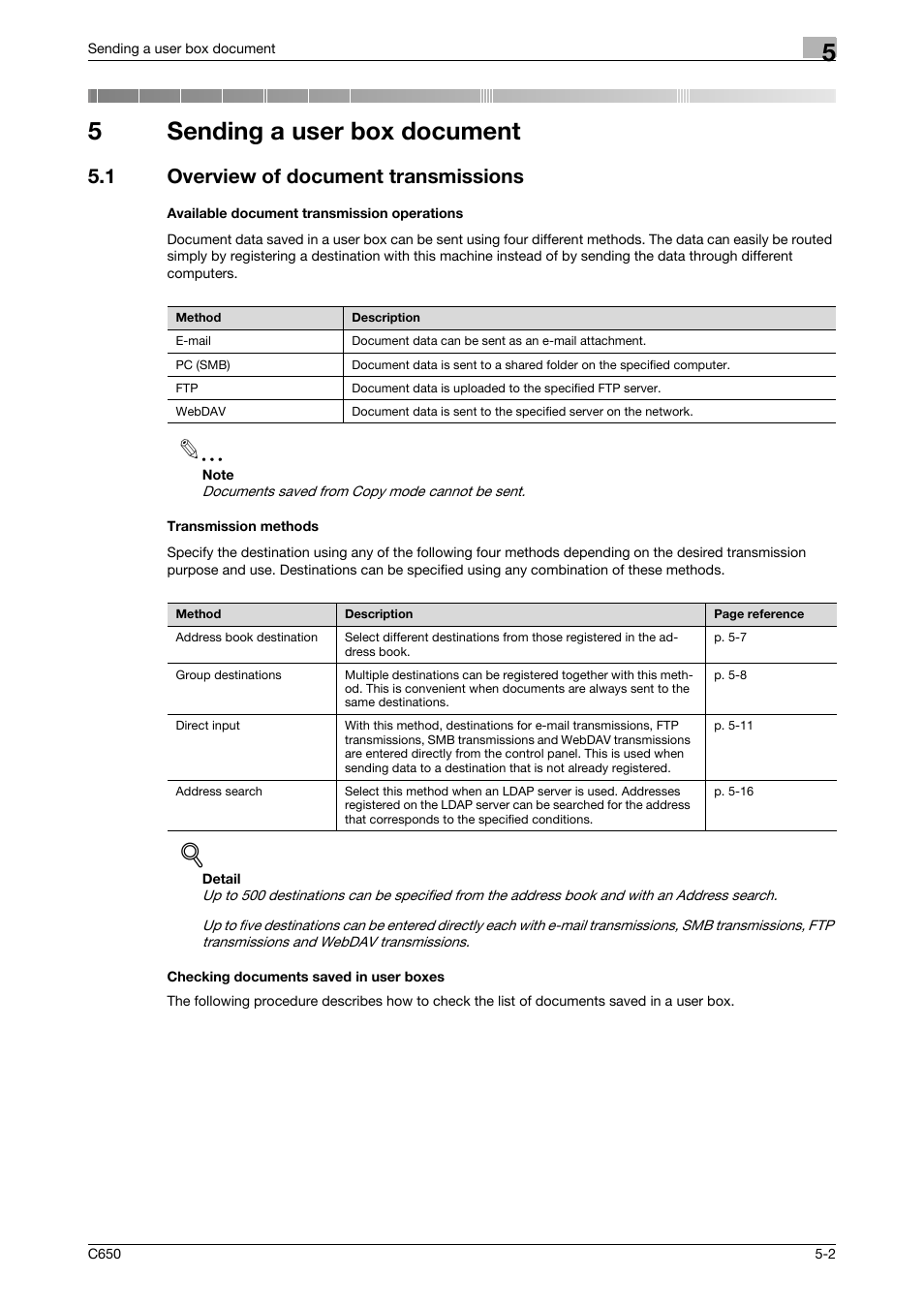 5 sending a user box document, 1 overview of document transmissions, Available document transmission operations | Transmission methods, Checking documents saved in user boxes, Sending a user box document, P. 5-2, 5sending a user box document | Konica Minolta bizhub C650 User Manual | Page 158 / 280