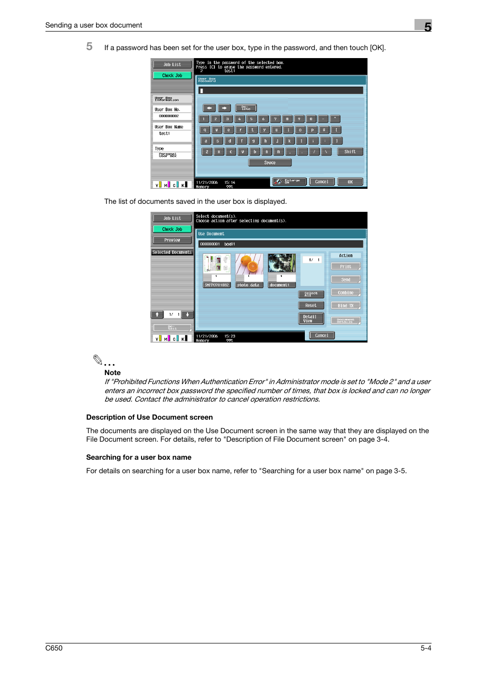 Description of use document screen, Searching for a user box name | Konica Minolta bizhub C650 User Manual | Page 160 / 280