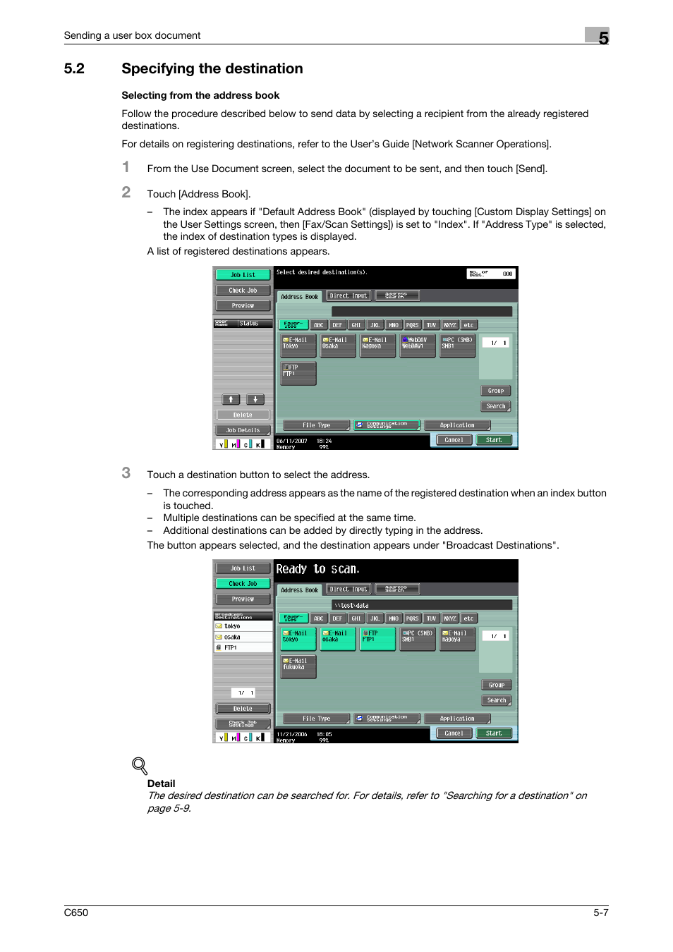 2 specifying the destination, Selecting from the address book, P. 5-7 | Konica Minolta bizhub C650 User Manual | Page 163 / 280