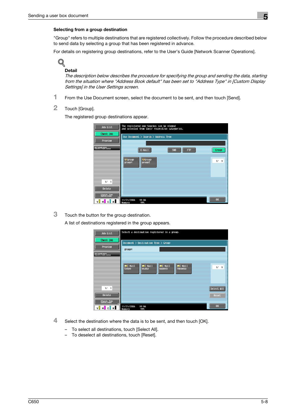 Selecting from a group destination, Selecting from a group destination -8, P. 5-8 | Konica Minolta bizhub C650 User Manual | Page 164 / 280