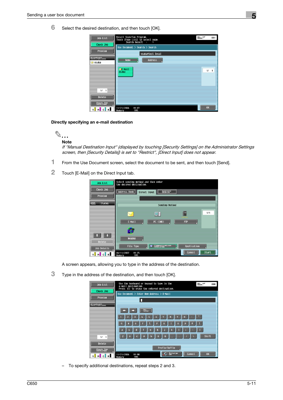 Directly specifying an e-mail destination, Directly specifying an e-mail destination -11, P. 5-11 | Konica Minolta bizhub C650 User Manual | Page 167 / 280