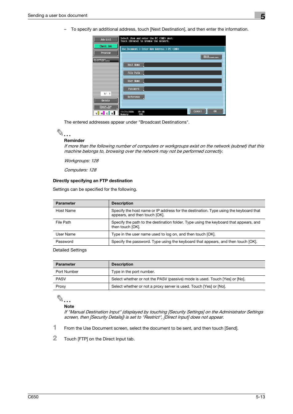 Directly specifying an ftp destination, Directly specifying an ftp destination -13 | Konica Minolta bizhub C650 User Manual | Page 169 / 280