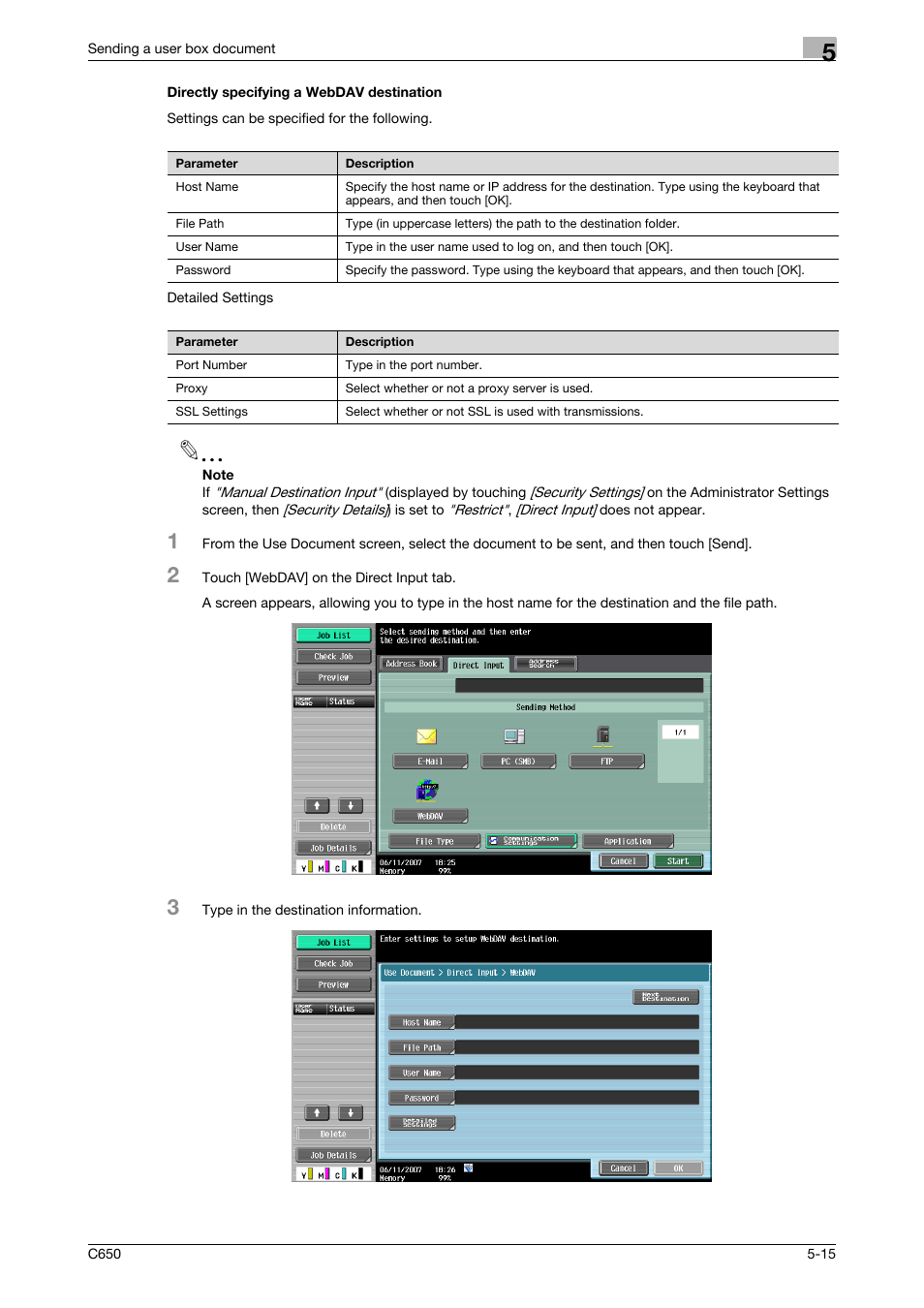 Directly specifying a webdav destination, Directly specifying a webdav destination -15 | Konica Minolta bizhub C650 User Manual | Page 171 / 280