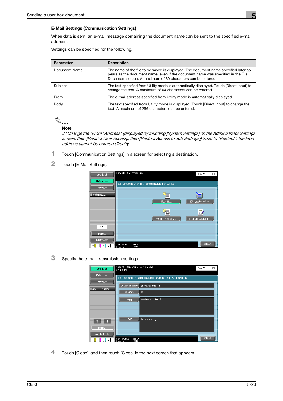 E-mail settings (communication settings), E-mail settings (communication settings) -23, P. 5-23 | Konica Minolta bizhub C650 User Manual | Page 179 / 280