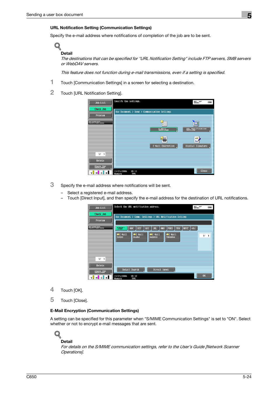 Url notification setting (communication settings), E-mail encryption (communication settings), P. 5-24 | Konica Minolta bizhub C650 User Manual | Page 180 / 280