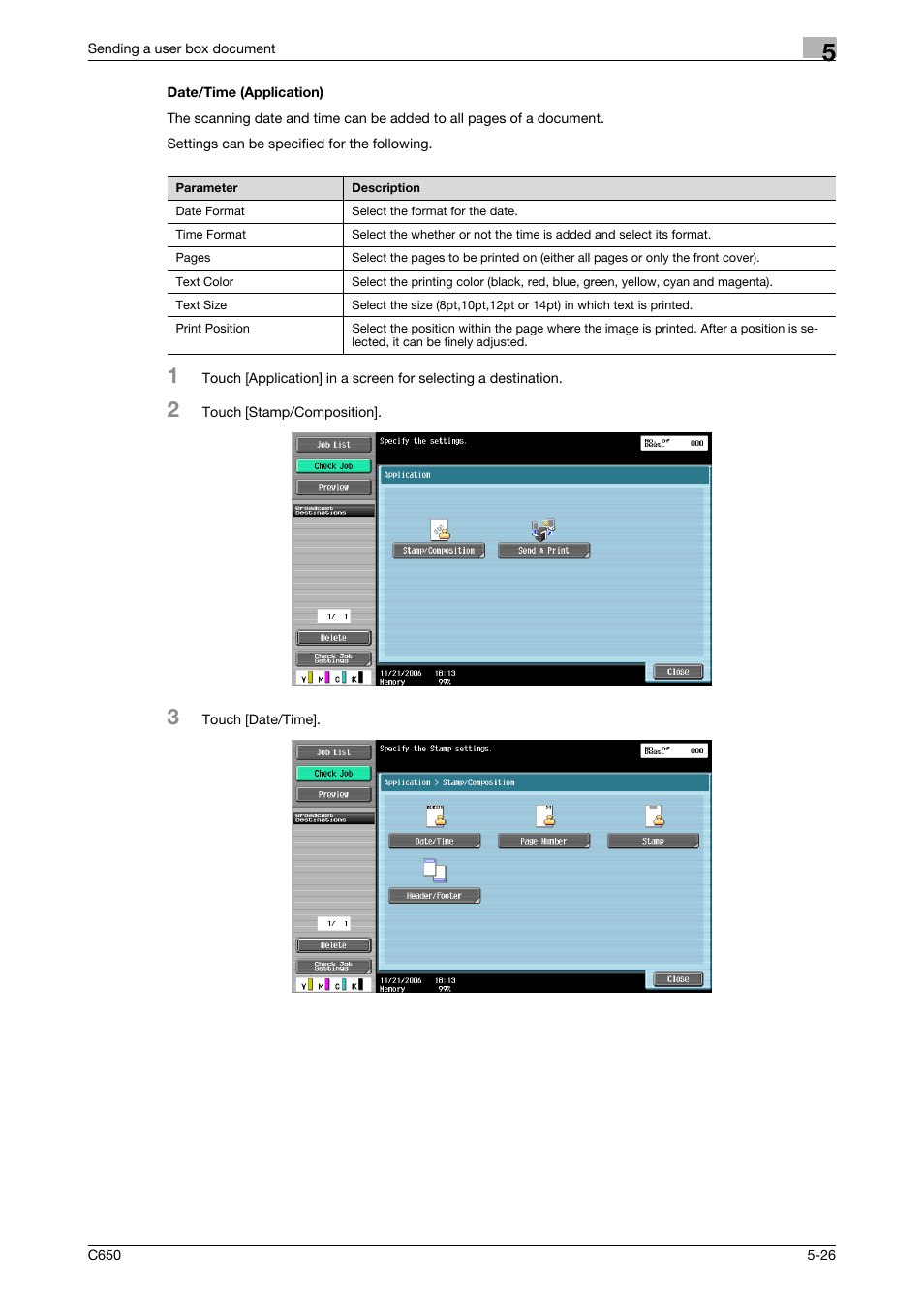 Date/time (application), Date/time (application) -26, P. 5-26 | Konica Minolta bizhub C650 User Manual | Page 182 / 280