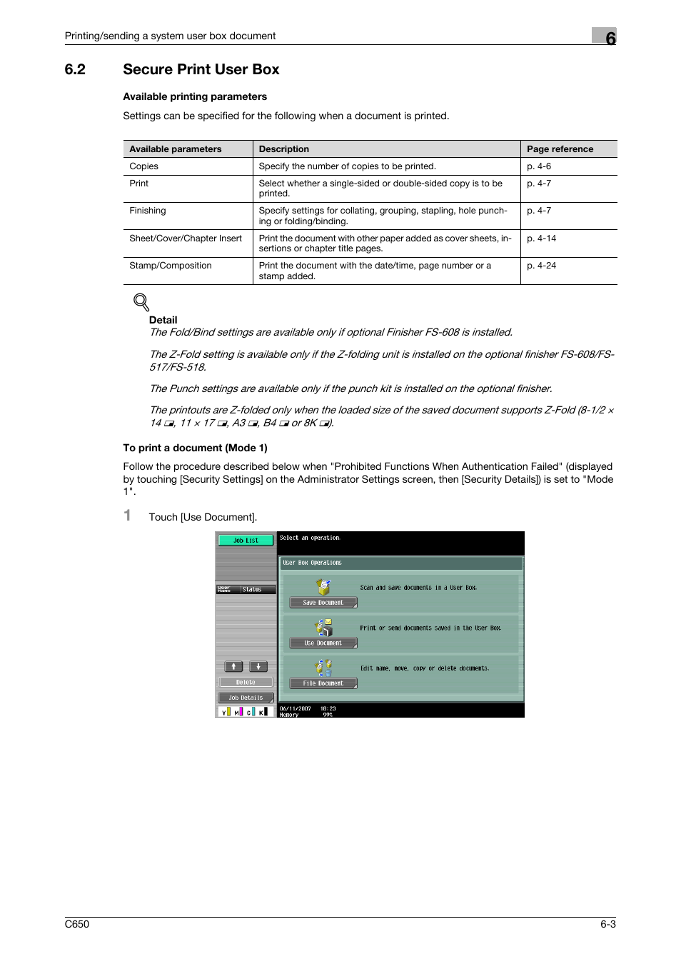 2 secure print user box, Available printing parameters, To print a document (mode 1) | P. 6-3 | Konica Minolta bizhub C650 User Manual | Page 205 / 280