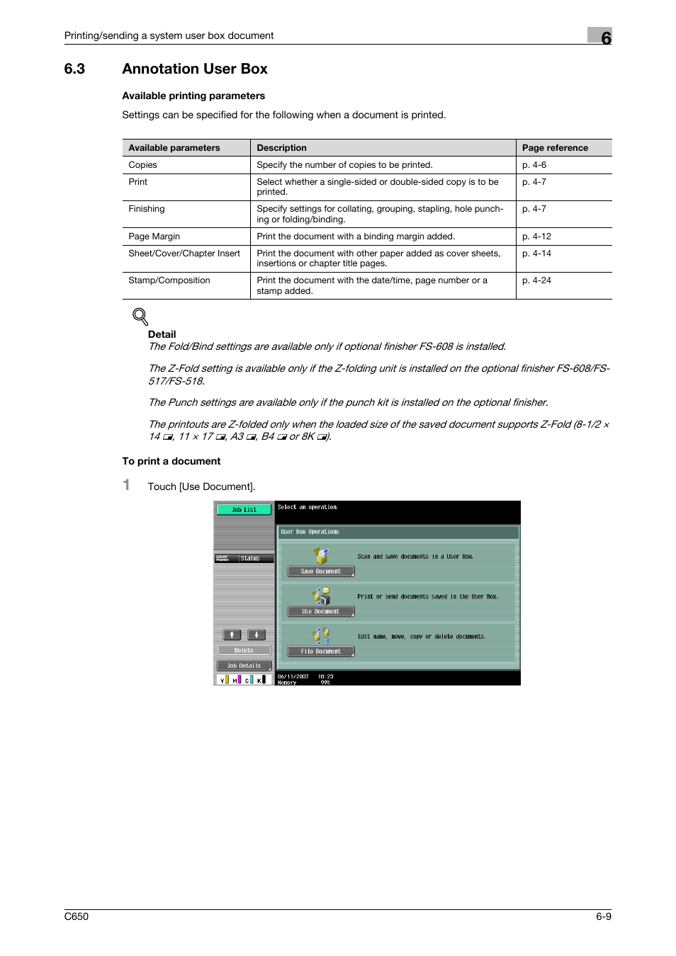 3 annotation user box, Available printing parameters, To print a document | P. 6-9 | Konica Minolta bizhub C650 User Manual | Page 211 / 280