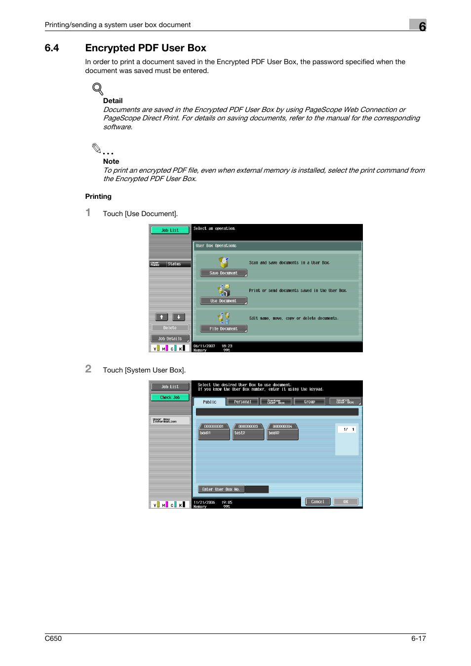 4 encrypted pdf user box, Printing, Encrypted pdf user box -17 printing -17 | P. 6-17 | Konica Minolta bizhub C650 User Manual | Page 219 / 280