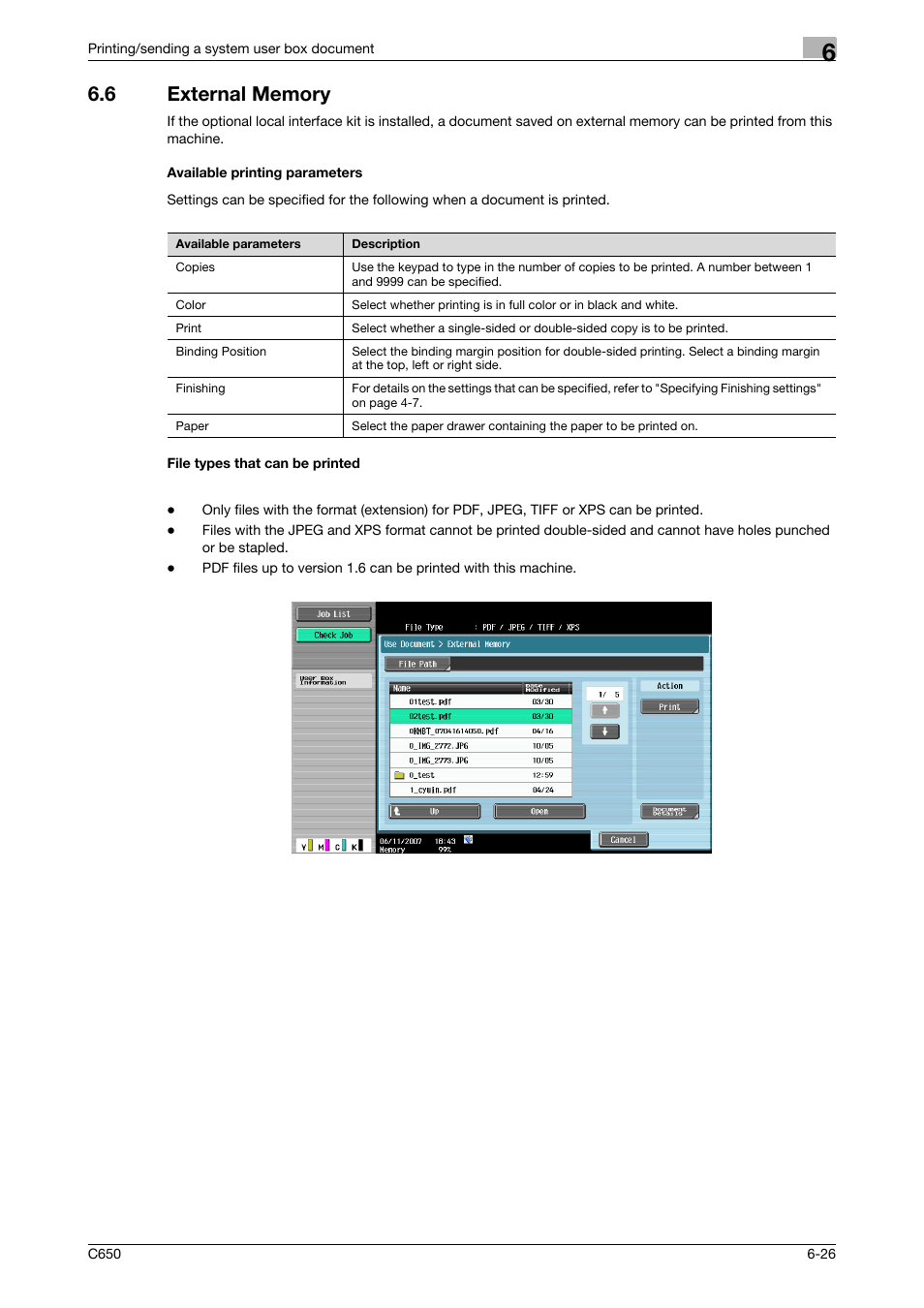 6 external memory, Available printing parameters, File types that can be printed | P. 6-26 | Konica Minolta bizhub C650 User Manual | Page 228 / 280