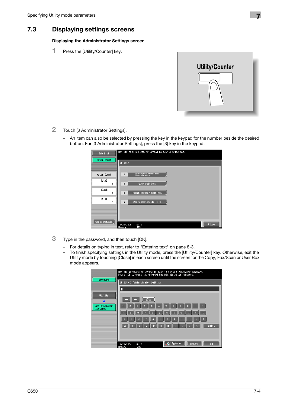 3 displaying settings screens, Displaying the administrator settings screen | Konica Minolta bizhub C650 User Manual | Page 234 / 280