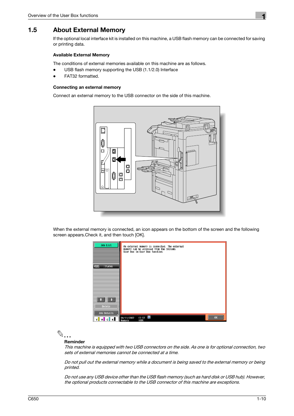 5 about external memory, Available external memory, Connecting an external memory | Konica Minolta bizhub C650 User Manual | Page 25 / 280