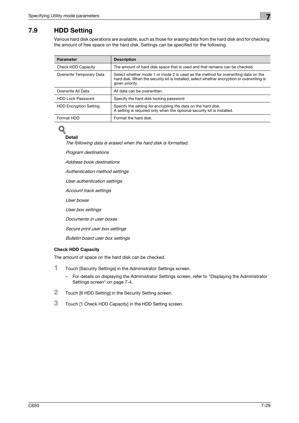 9 hdd setting, Check hdd capacity, Hdd setting -29 check hdd capacity -29 | Konica Minolta bizhub C650 User Manual | Page 259 / 280