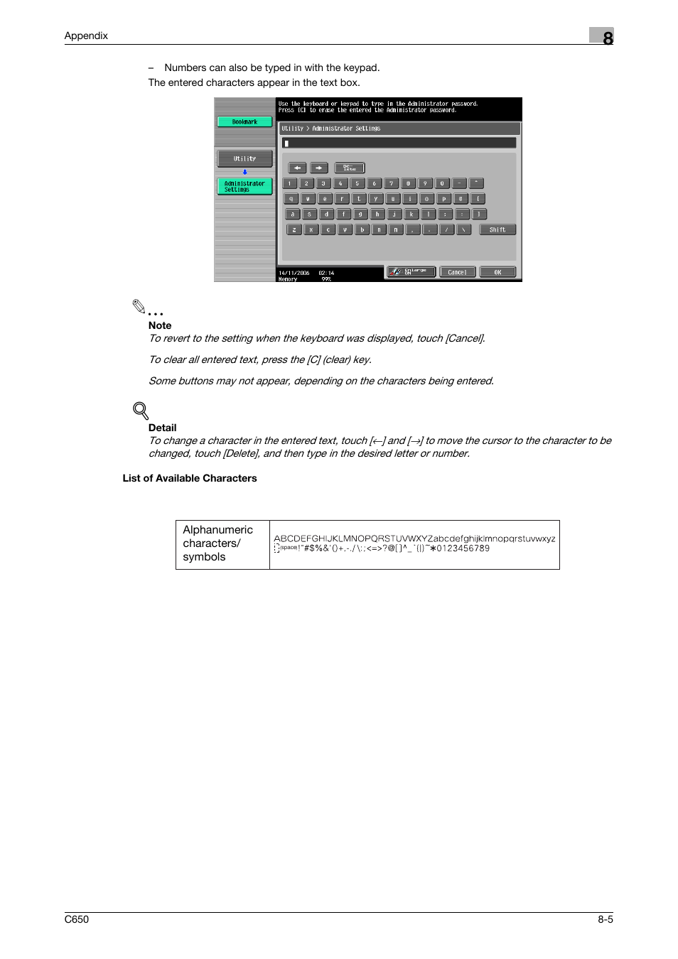 List of available characters, List of available characters -5 | Konica Minolta bizhub C650 User Manual | Page 273 / 280