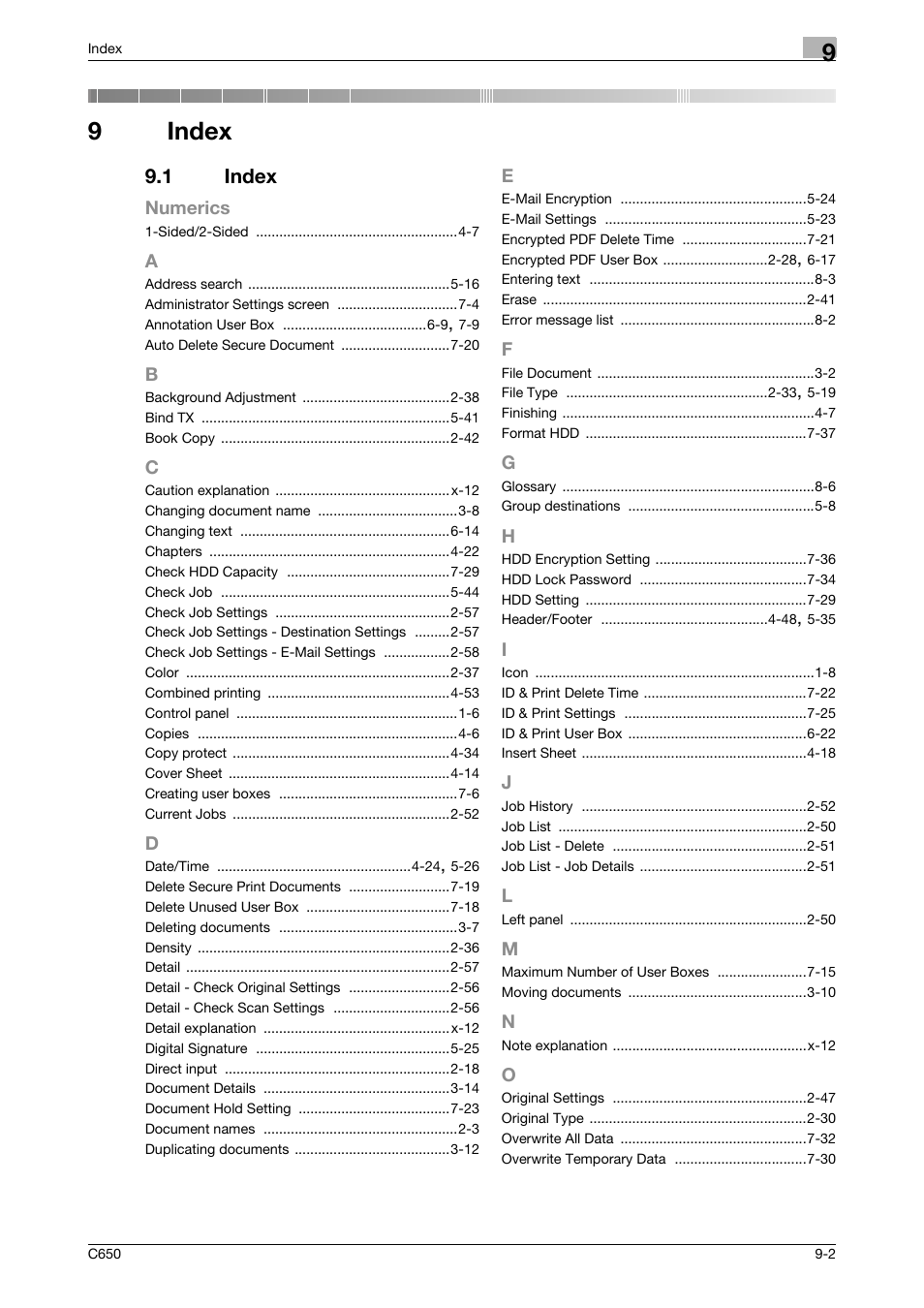 9 index, 1 index, A to o | Index, Index -2, 9index | Konica Minolta bizhub C650 User Manual | Page 278 / 280