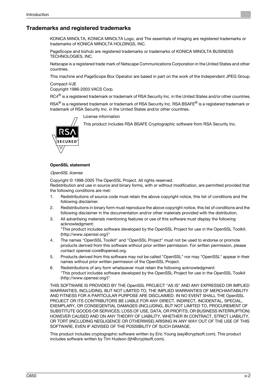 Trademarks and registered trademarks, Openssl statement | Konica Minolta bizhub C650 User Manual | Page 3 / 280