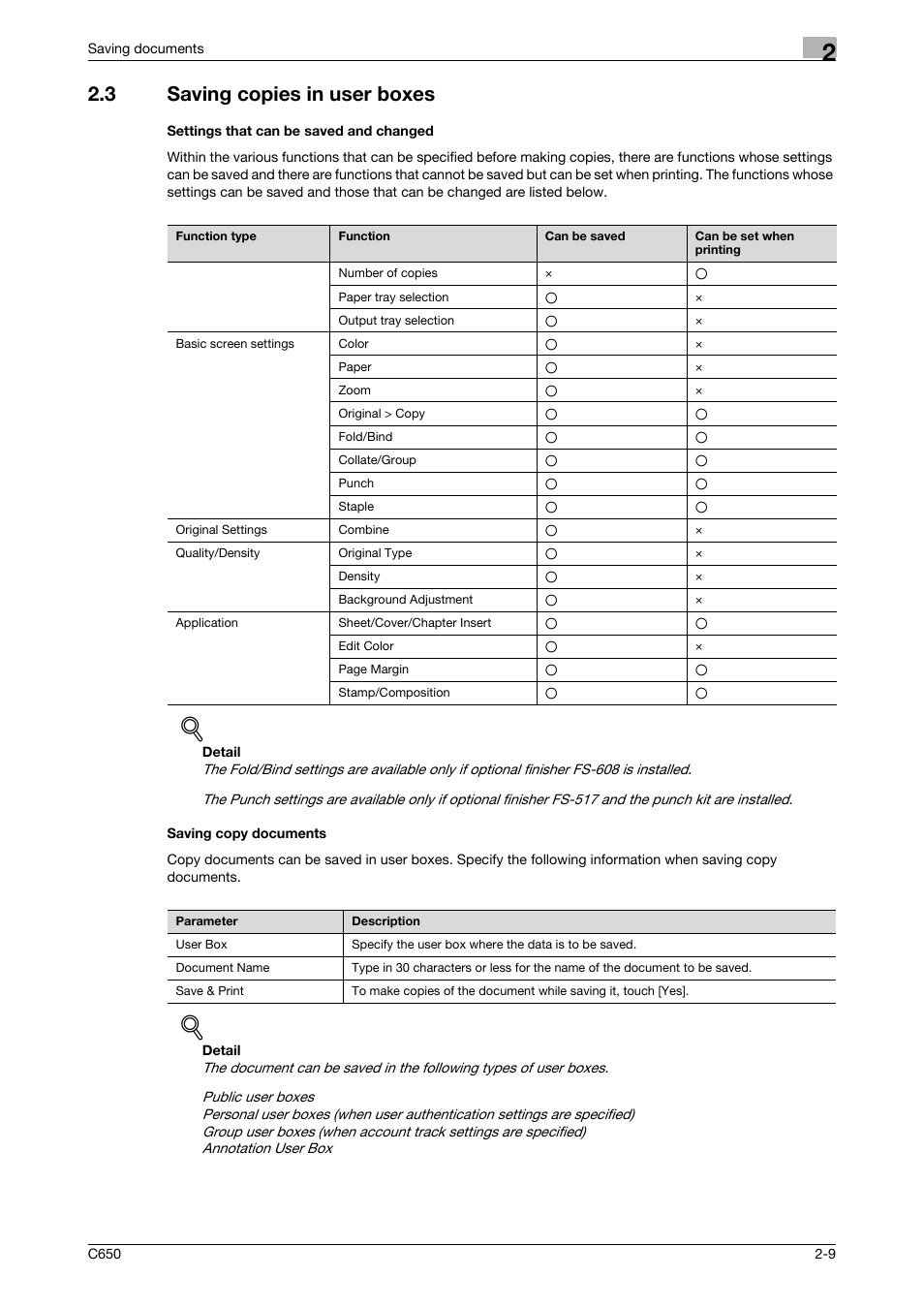 3 saving copies in user boxes, Settings that can be saved and changed, Saving copy documents | Konica Minolta bizhub C650 User Manual | Page 34 / 280