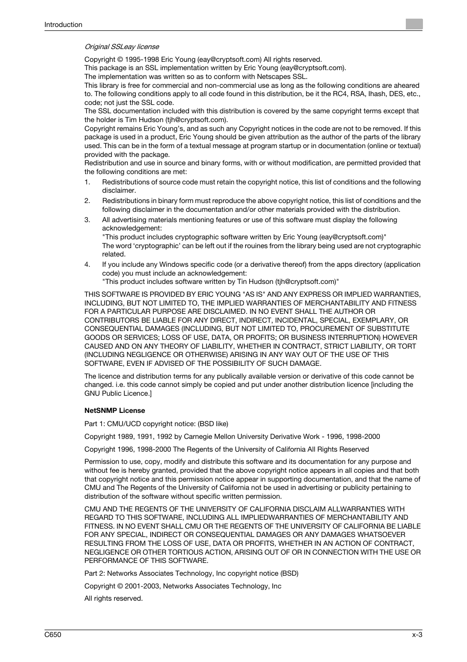 Netsnmp license | Konica Minolta bizhub C650 User Manual | Page 4 / 280