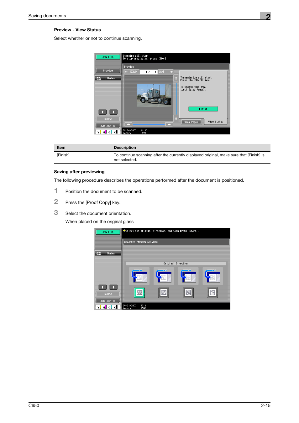 Preview - view status, Saving after previewing | Konica Minolta bizhub C650 User Manual | Page 40 / 280