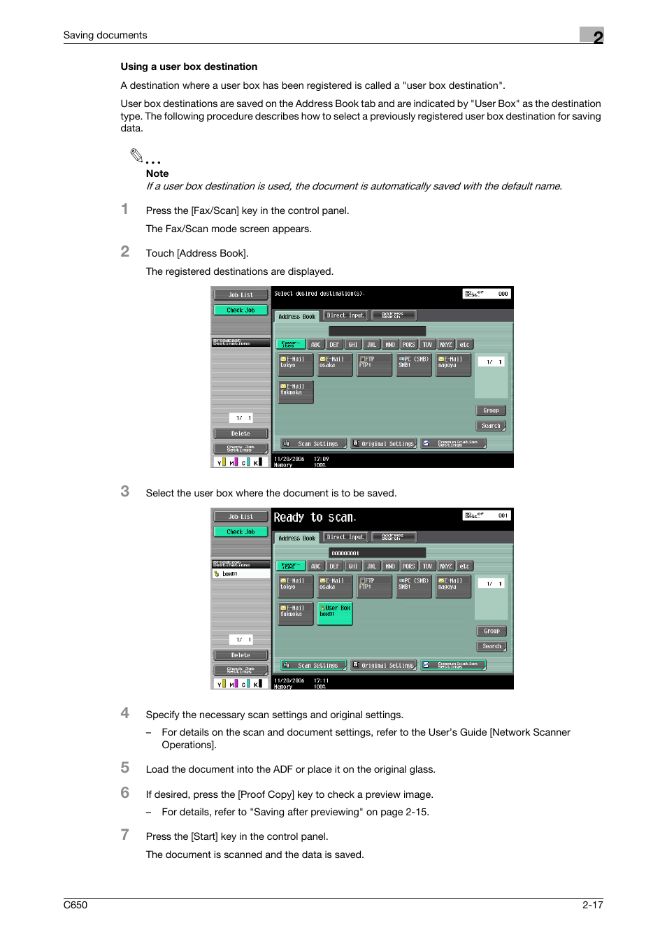 Using a user box destination, Using a user box destination -17 | Konica Minolta bizhub C650 User Manual | Page 42 / 280