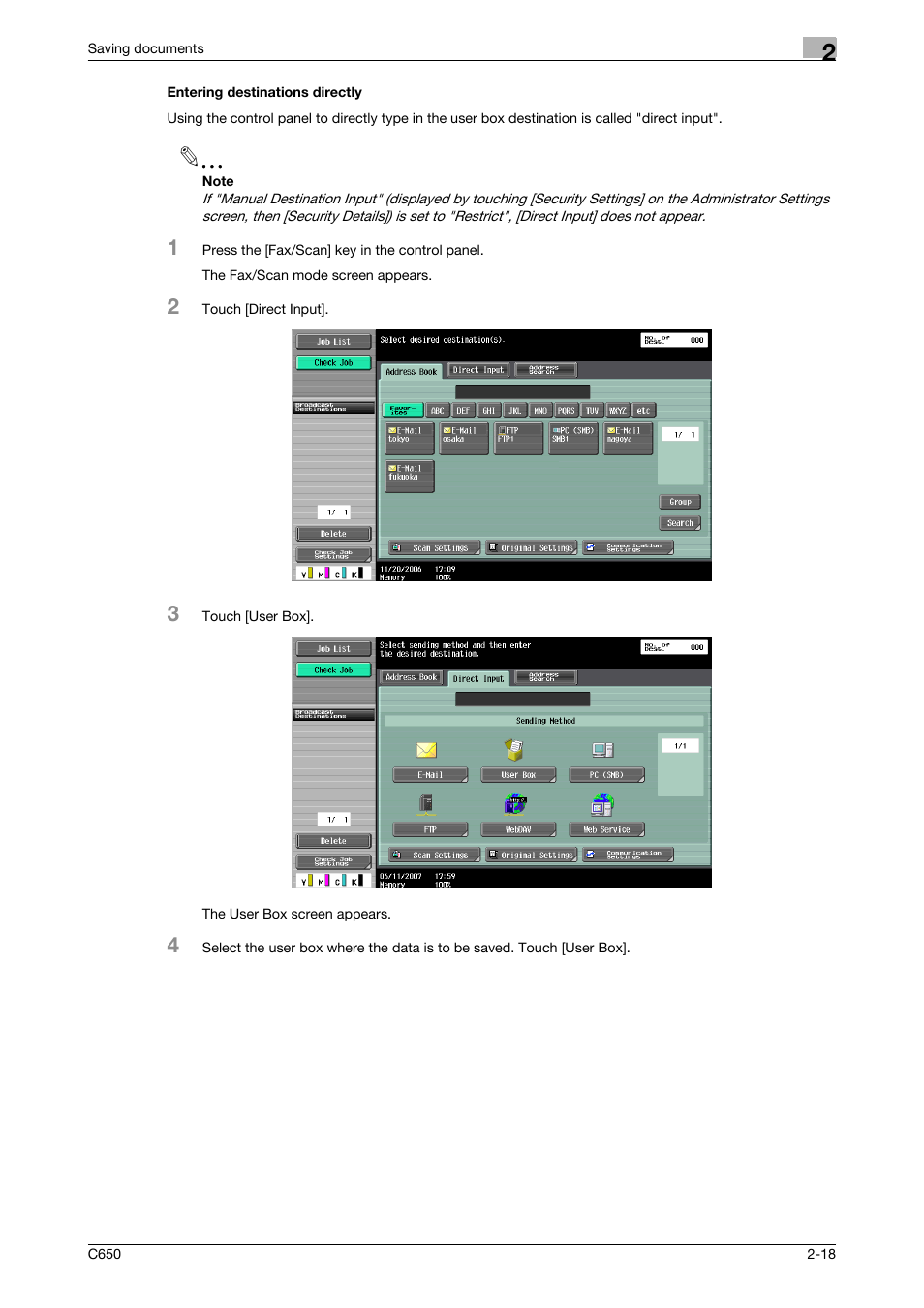 Entering destinations directly, Entering destinations directly -18 | Konica Minolta bizhub C650 User Manual | Page 43 / 280