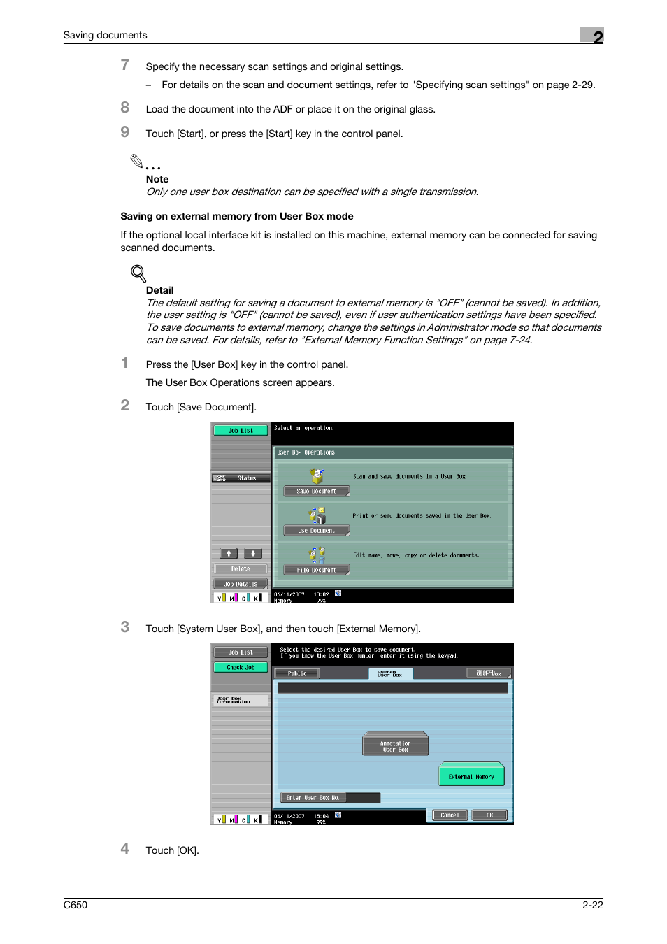 Saving on external memory from user box mode, Saving on external memory from user box mode -22 | Konica Minolta bizhub C650 User Manual | Page 47 / 280