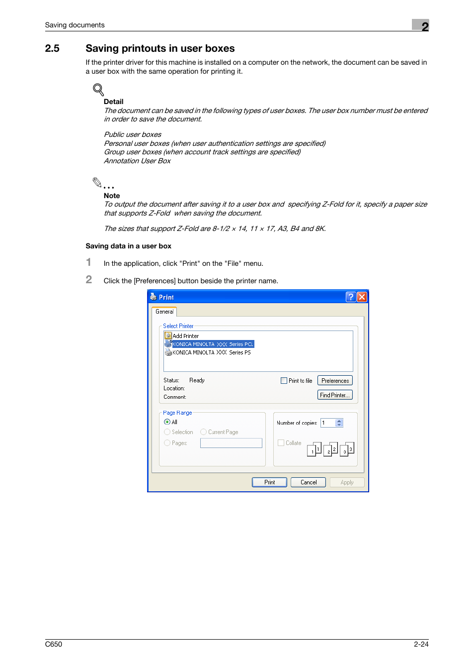 5 saving printouts in user boxes, Saving data in a user box | Konica Minolta bizhub C650 User Manual | Page 49 / 280