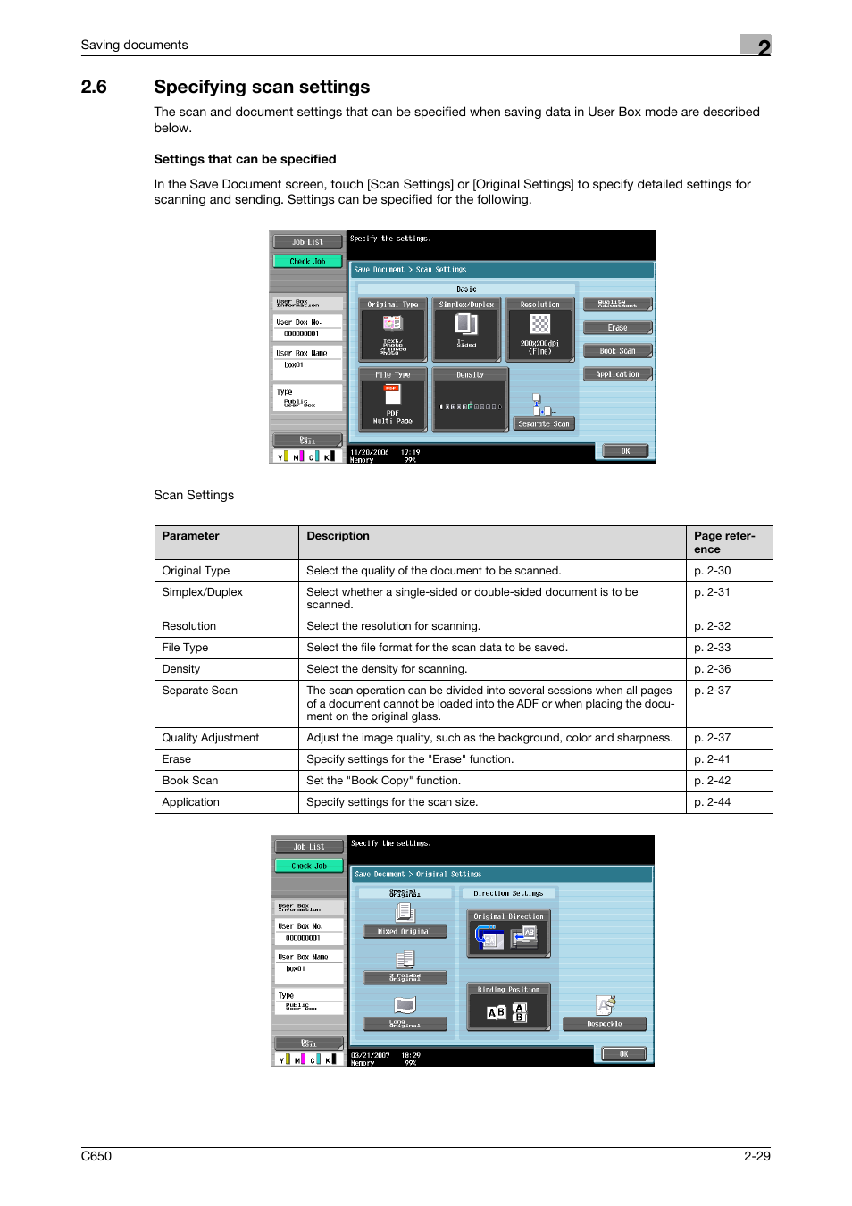 6 specifying scan settings, Settings that can be specified | Konica Minolta bizhub C650 User Manual | Page 54 / 280