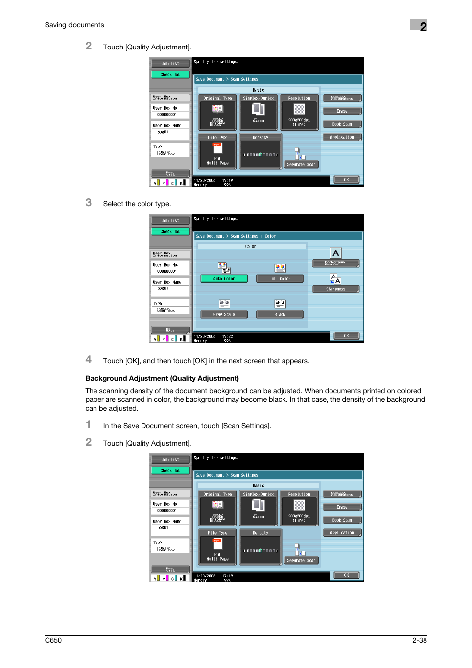 Background adjustment (quality adjustment), Background adjustment (quality adjustment) -38 | Konica Minolta bizhub C650 User Manual | Page 63 / 280