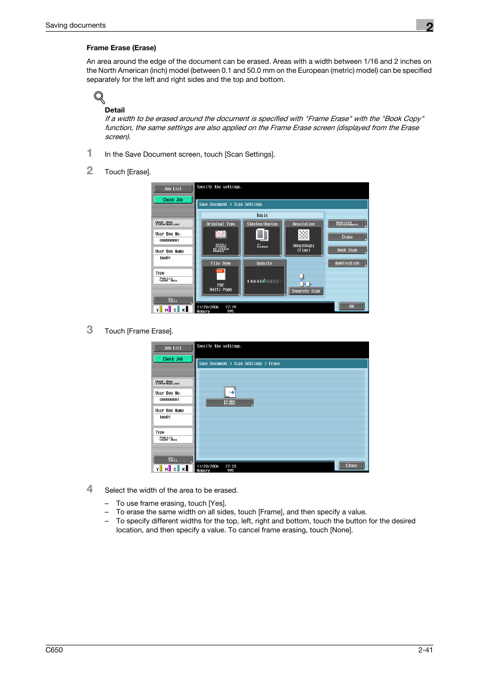 Frame erase (erase), Frame erase (erase) -41, P. 2-41 | Konica Minolta bizhub C650 User Manual | Page 66 / 280