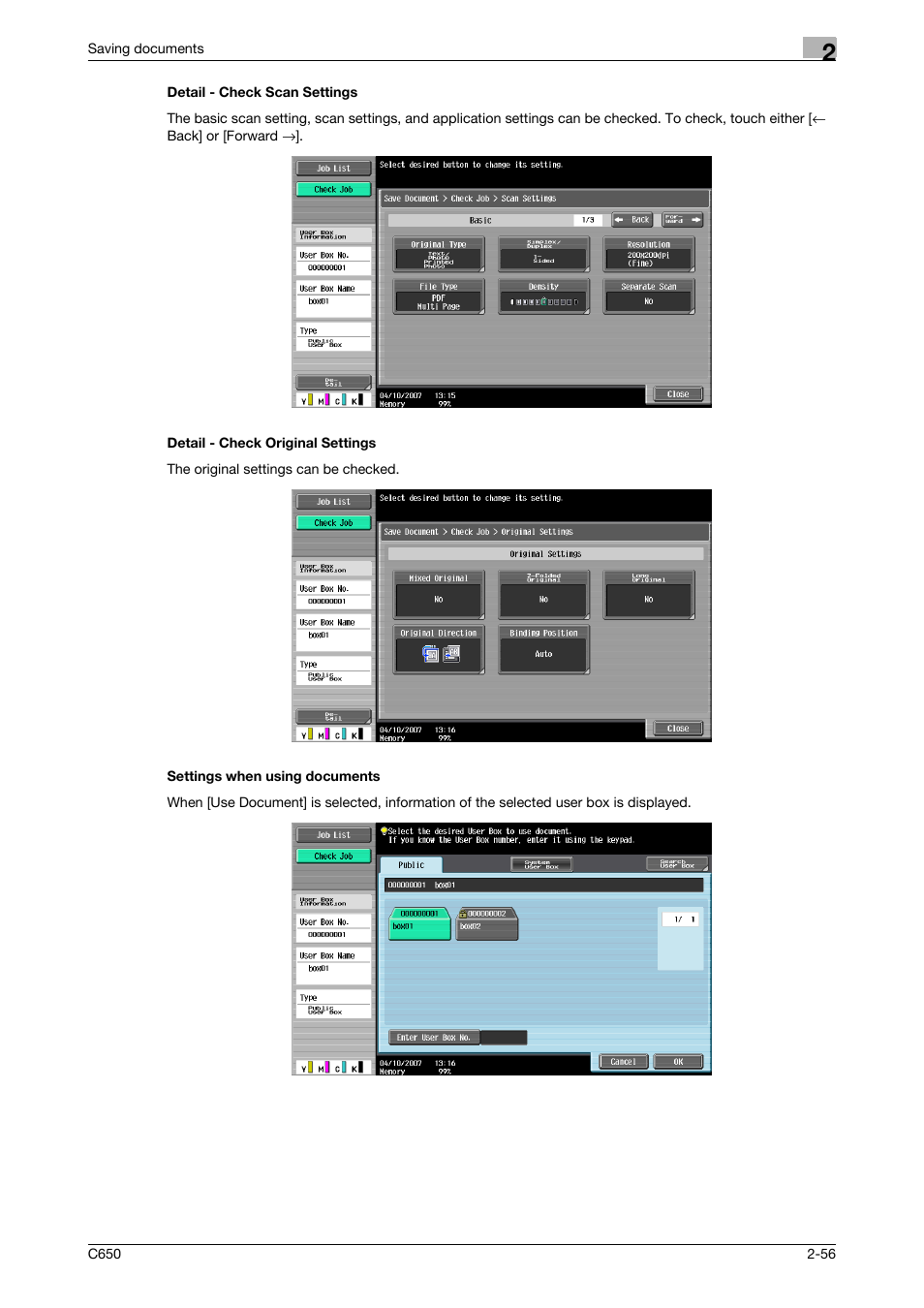 Detail - check scan settings, Detail - check original settings, Settings when using documents | Konica Minolta bizhub C650 User Manual | Page 81 / 280