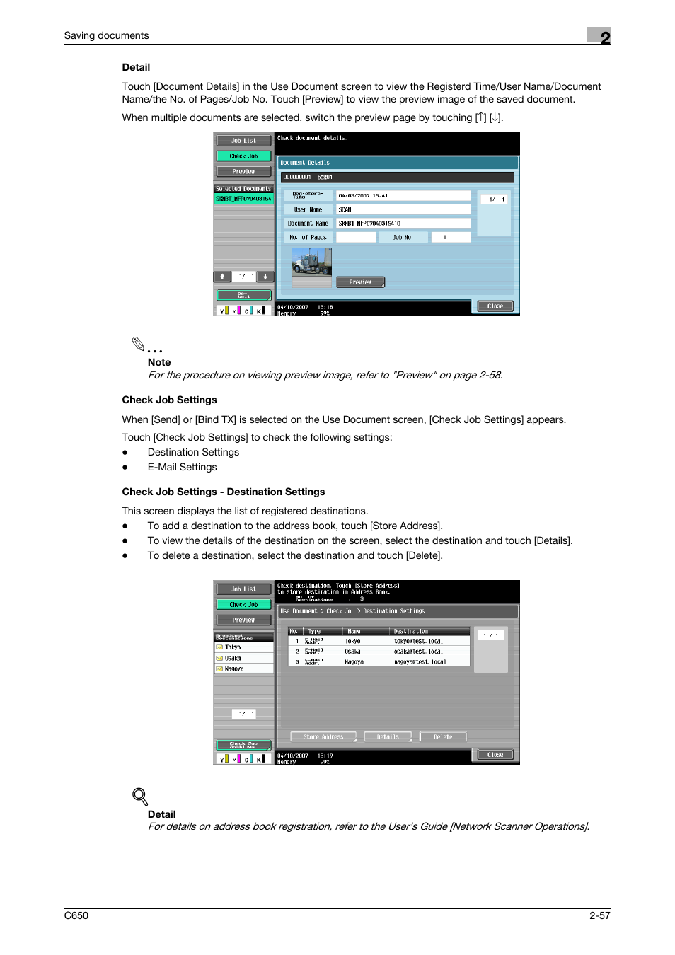 Detail, Check job settings, Check job settings - destination settings | Konica Minolta bizhub C650 User Manual | Page 82 / 280