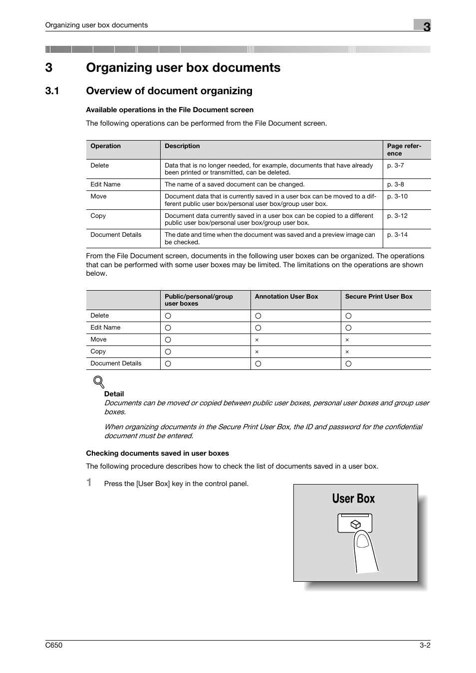 3 organizing user box documents, 1 overview of document organizing, Available operations in the file document screen | Checking documents saved in user boxes, Organizing user box documents, 3organizing user box documents | Konica Minolta bizhub C650 User Manual | Page 87 / 280