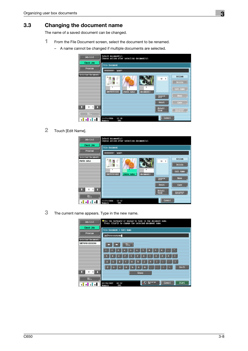 3 changing the document name, Changing the document name -8, P. 3-8 | Konica Minolta bizhub C650 User Manual | Page 93 / 280