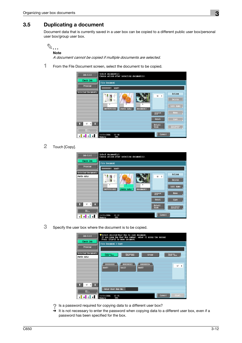 5 duplicating a document, Duplicating a document -12, P. 3-12 | Konica Minolta bizhub C650 User Manual | Page 97 / 280