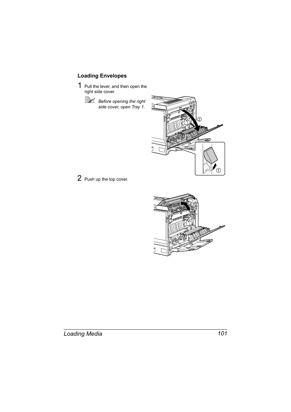 Loading envelopes, Loading envelopes 101 | Konica Minolta magicolor 7450 II grafx User Manual | Page 115 / 252