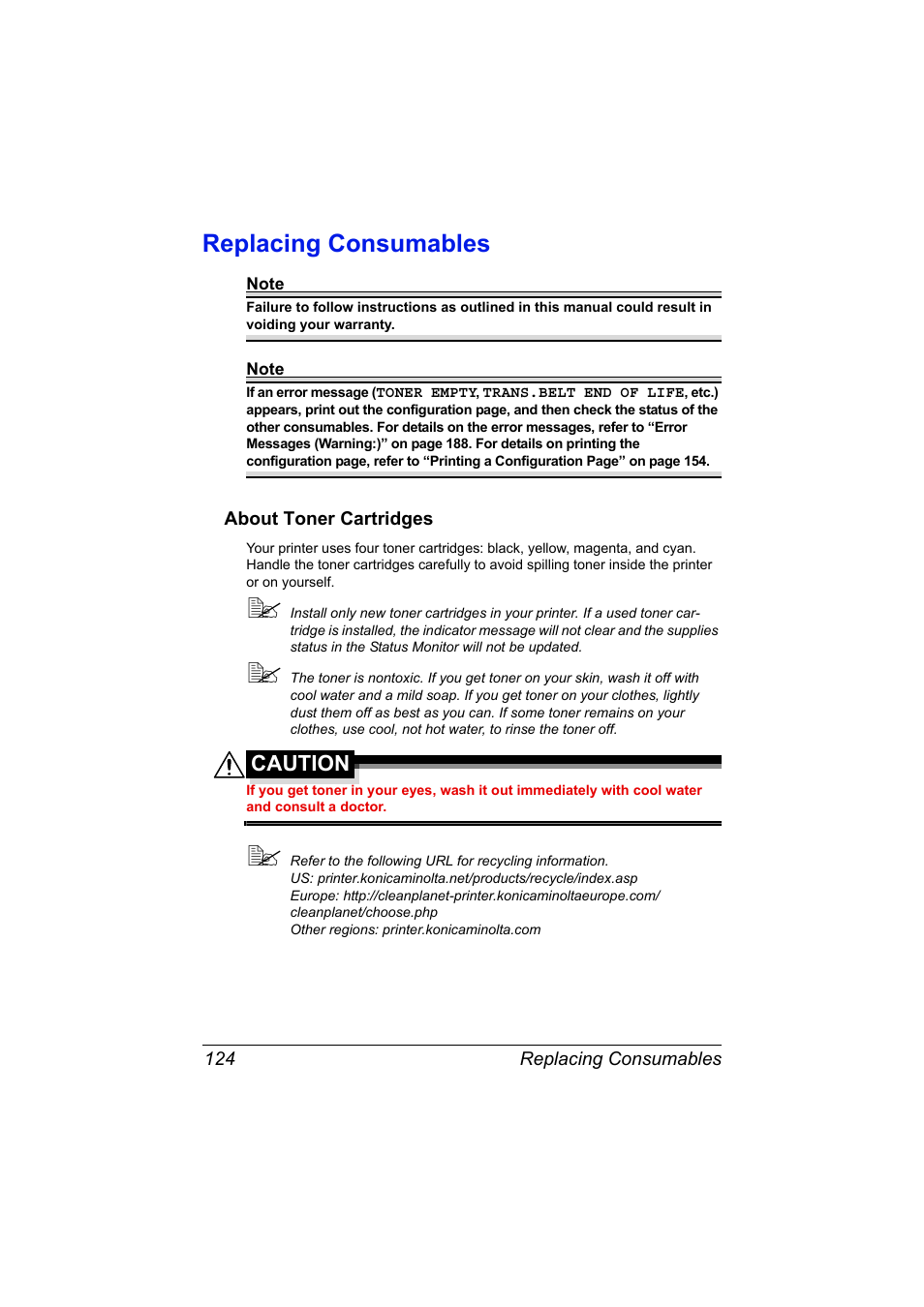 Replacing consumables, About toner cartridges, Replacing consumables 124 | About toner cartridges 124, Caution | Konica Minolta magicolor 7450 II grafx User Manual | Page 138 / 252