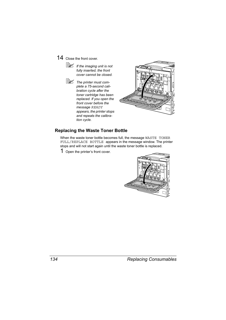 Replacing the waste toner bottle, Replacing the waste toner bottle 134 | Konica Minolta magicolor 7450 II grafx User Manual | Page 148 / 252