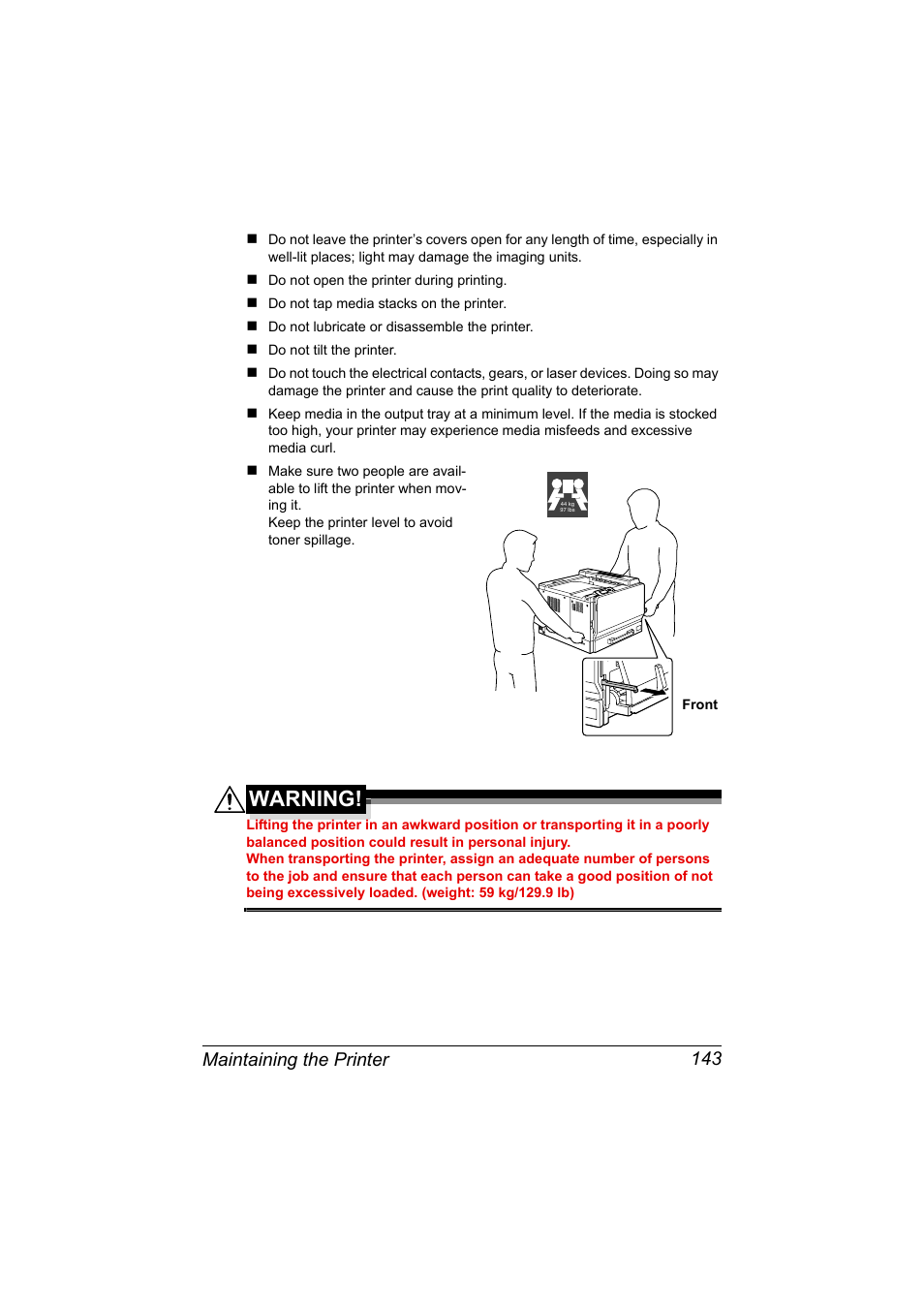 Warning, Maintaining the printer 143 | Konica Minolta magicolor 7450 II grafx User Manual | Page 157 / 252