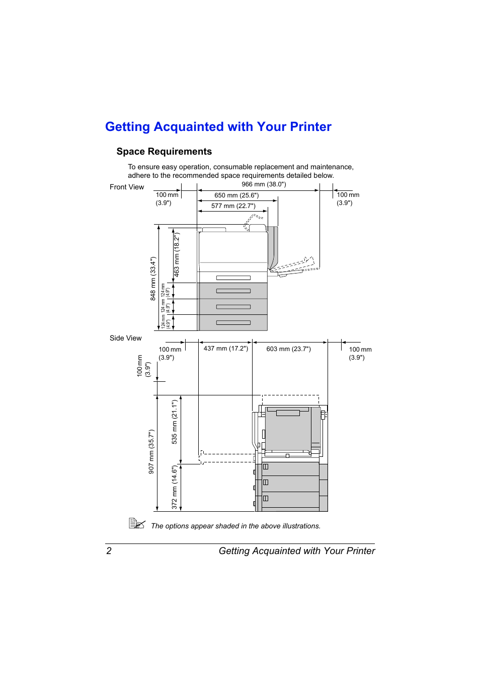 Getting acquainted with your printer, Space requirements, Getting acquainted with your printer 2 | Space requirements 2 | Konica Minolta magicolor 7450 II grafx User Manual | Page 16 / 252